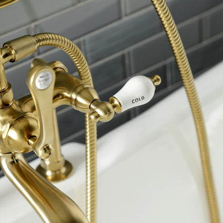 Aqua Vintage AE107T7 Three-Handle 2-Hole Deck Mount Clawfoot Tub Faucet with Hand Shower, Brushed Brass