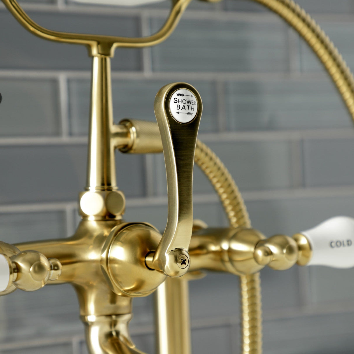 Aqua Vintage AE107T7 Three-Handle 2-Hole Deck Mount Clawfoot Tub Faucet with Hand Shower, Brushed Brass