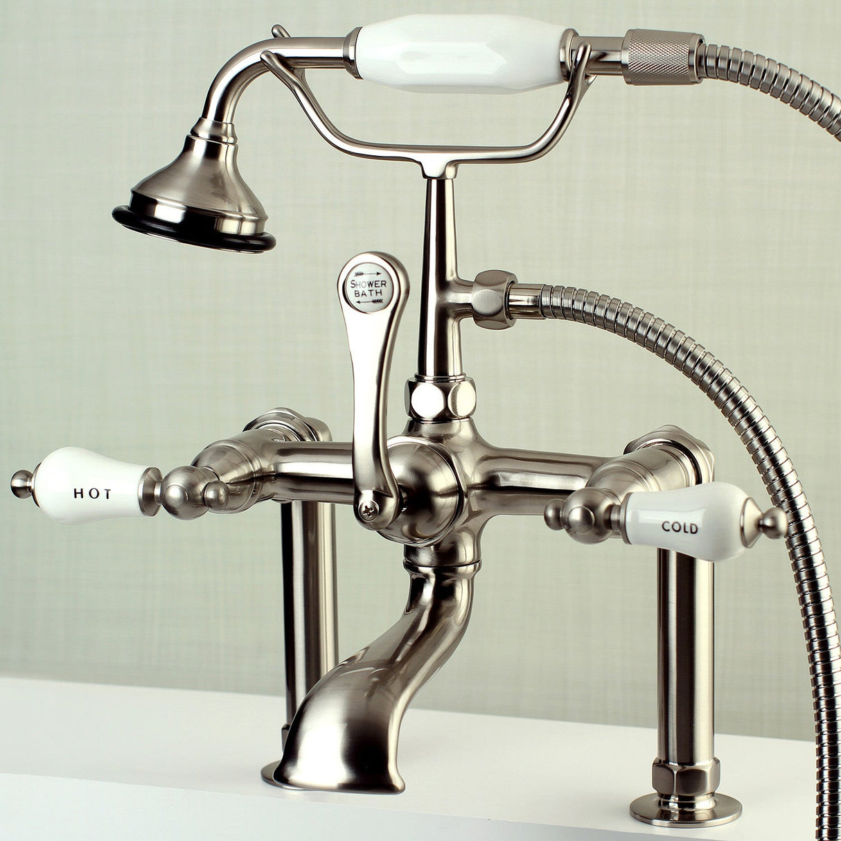Aqua Vintage AE107T8 Three-Handle 2-Hole Deck Mount Clawfoot Tub Faucet with Hand Shower, Brushed Nickel