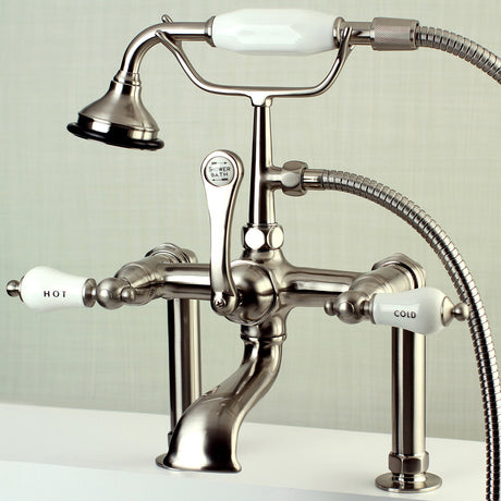 Aqua Vintage AE107T8 Three-Handle 2-Hole Deck Mount Clawfoot Tub Faucet with Hand Shower, Brushed Nickel