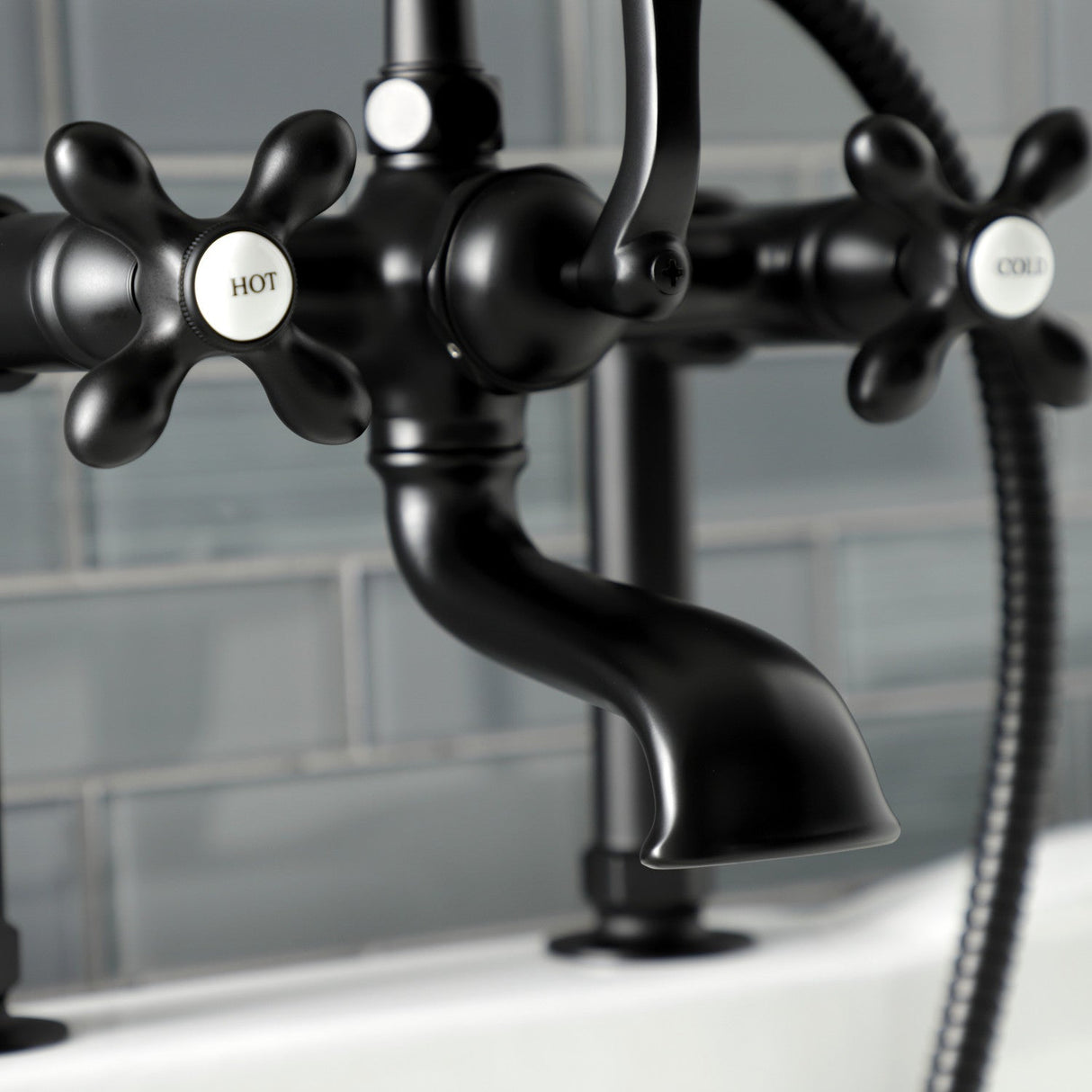Aqua Vintage AE109T0 Three-Handle 2-Hole Deck Mount Clawfoot Tub Faucet with Hand Shower, Matte Black
