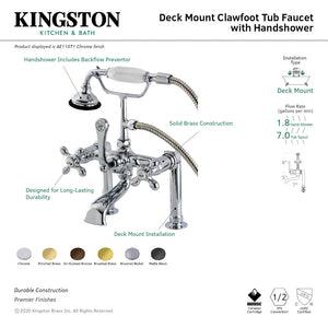 Aqua Vintage AE109T2 Three-Handle 2-Hole Deck Mount Clawfoot Tub Faucet with Hand Shower, Polished Brass