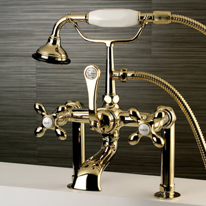 Aqua Vintage AE109T2 Three-Handle 2-Hole Deck Mount Clawfoot Tub Faucet with Hand Shower, Polished Brass