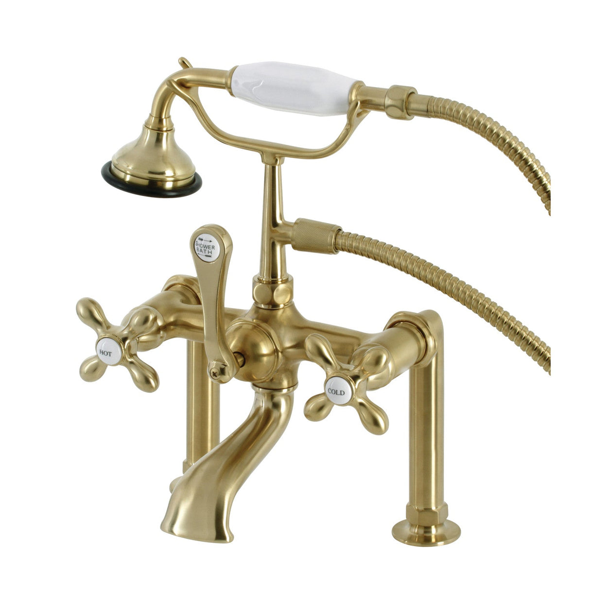 Aqua Vintage AE109T7 Three-Handle 2-Hole Deck Mount Clawfoot Tub Faucet with Hand Shower, Brushed Brass