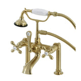 Aqua Vintage AE109T7 Three-Handle 2-Hole Deck Mount Clawfoot Tub Faucet with Hand Shower, Brushed Brass