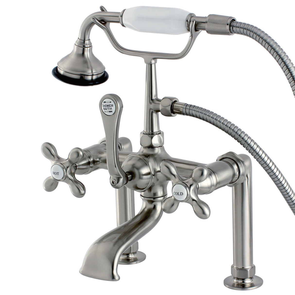 Aqua Vintage AE109T8 Three-Handle 2-Hole Deck Mount Clawfoot Tub Faucet with Hand Shower, Brushed Nickel