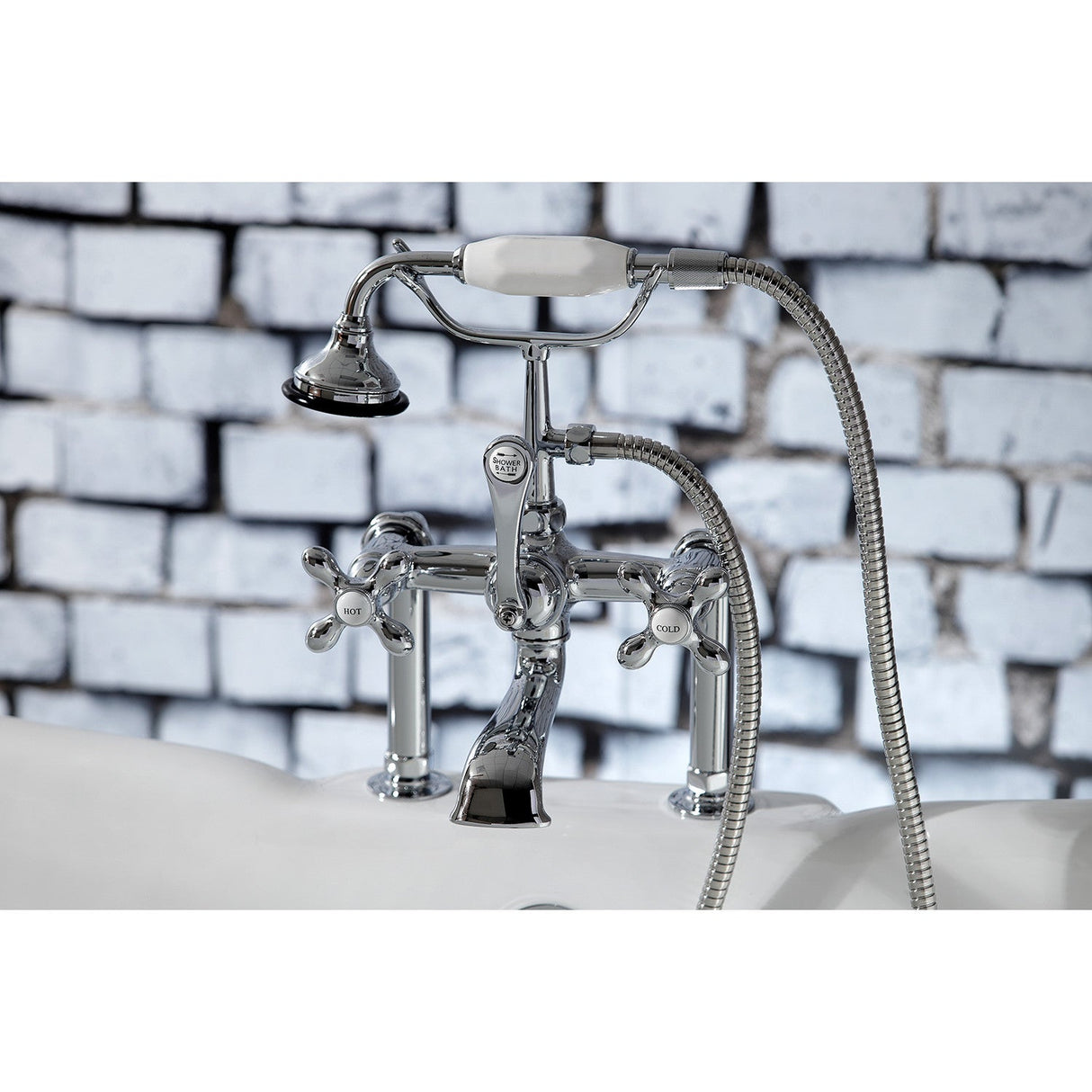 Aqua Vintage AE110T1 Three-Handle 2-Hole Deck Mount Clawfoot Tub Faucet with Hand Shower, Polished Chrome