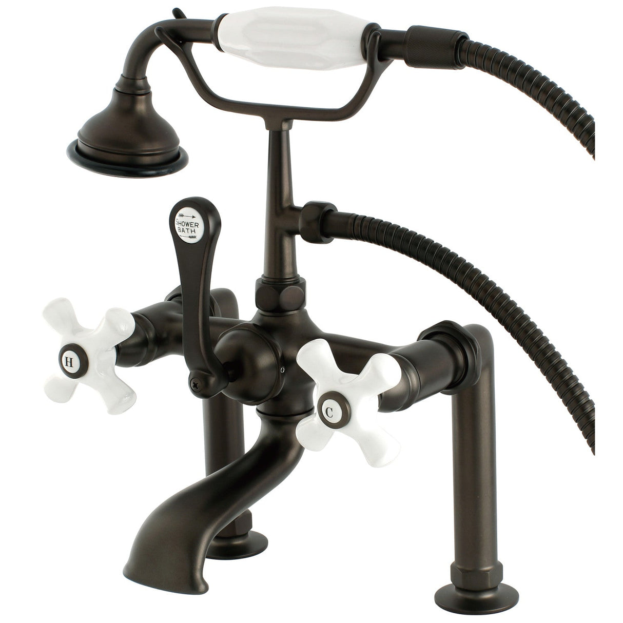 Aqua Vintage AE111T5 Three-Handle 2-Hole Deck Mount Clawfoot Tub Faucet with Hand Shower, Oil Rubbed Bronze