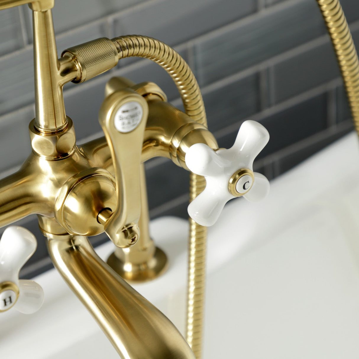 Aqua Vintage AE111T7 Three-Handle 2-Hole Deck Mount Clawfoot Tub Faucet with Hand Shower, Brushed Brass