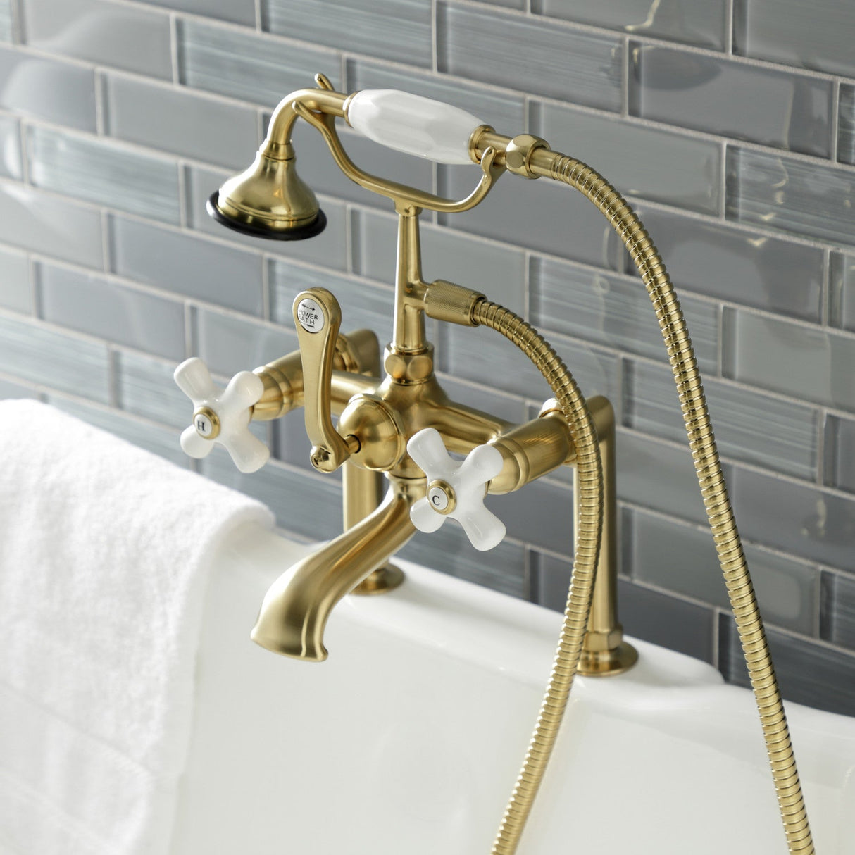 Aqua Vintage AE111T7 Three-Handle 2-Hole Deck Mount Clawfoot Tub Faucet with Hand Shower, Brushed Brass