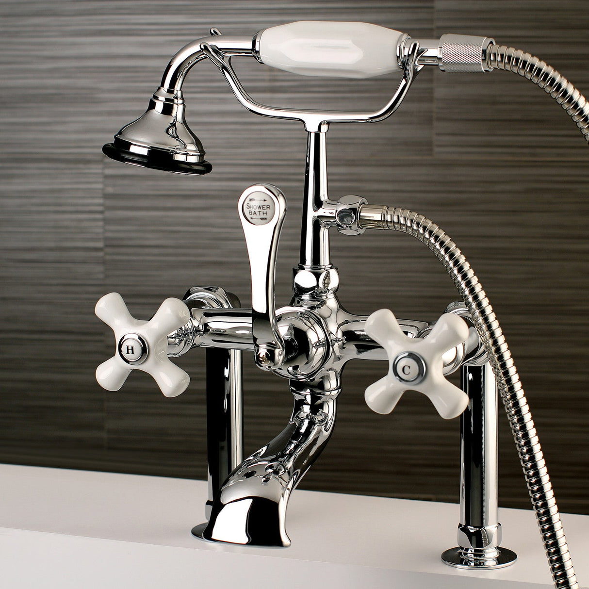 Aqua Vintage AE112T1 Three-Handle 2-Hole Deck Mount Clawfoot Tub Faucet with Hand Shower, Polished Chrome