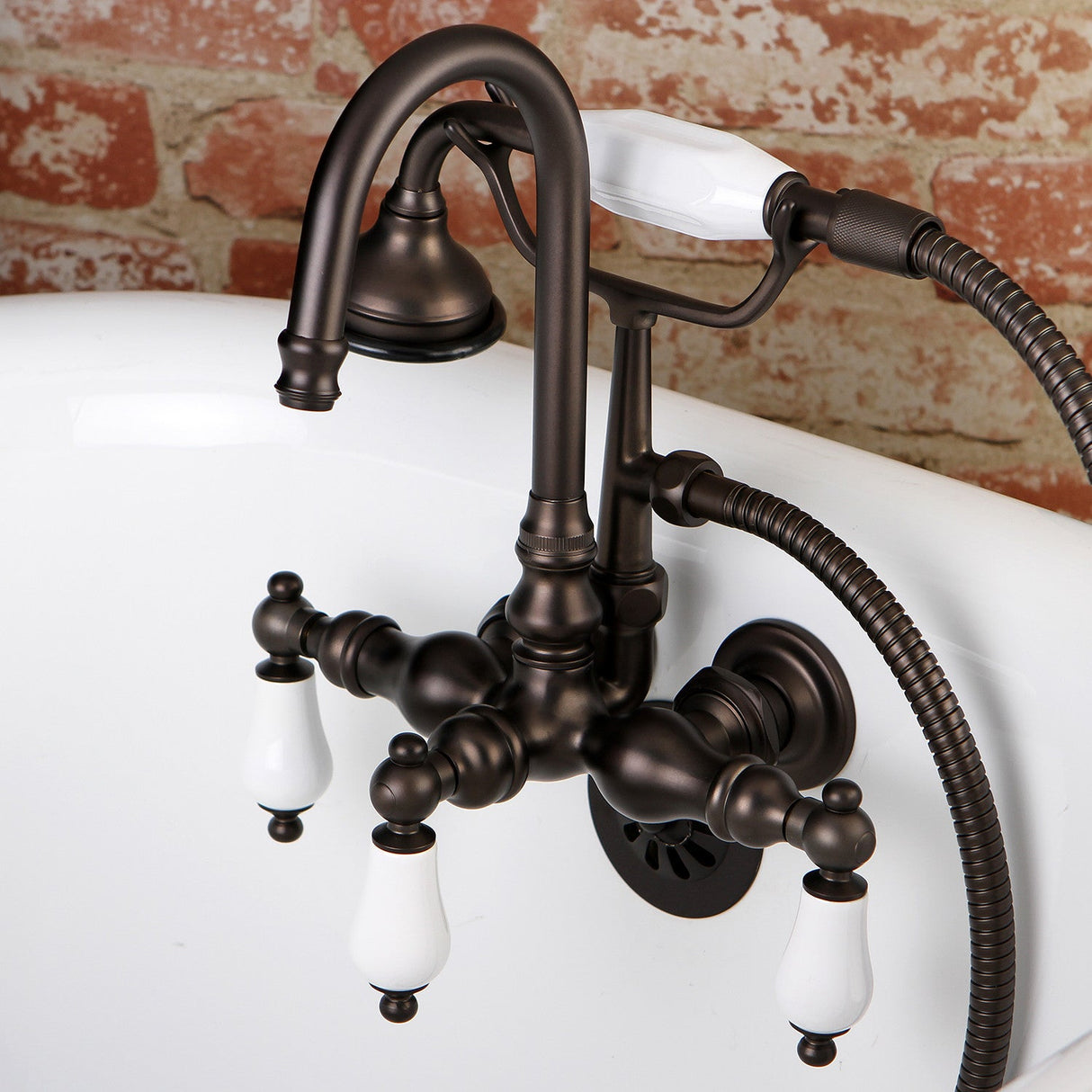 Aqua Vintage AE11T5 Three-Handle 2-Hole Tub Wall Mount Clawfoot Tub Faucet with Hand Shower, Oil Rubbed Bronze