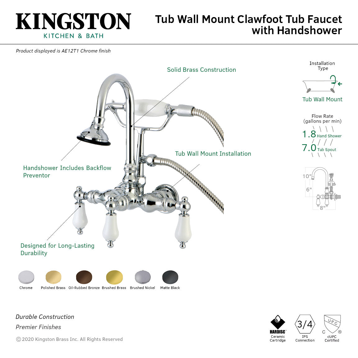 Aqua Vintage AE11T7 Three-Handle 2-Hole Tub Wall Mount Clawfoot Tub Faucet with Hand Shower, Brushed Brass