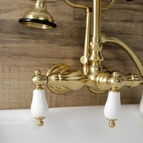 Aqua Vintage AE11T7 Three-Handle 2-Hole Tub Wall Mount Clawfoot Tub Faucet with Hand Shower, Brushed Brass