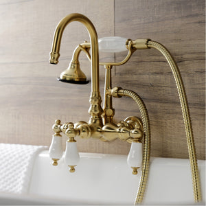 Aqua Vintage AE11T7 Three-Handle 2-Hole Tub Wall Mount Clawfoot Tub Faucet with Hand Shower, Brushed Brass