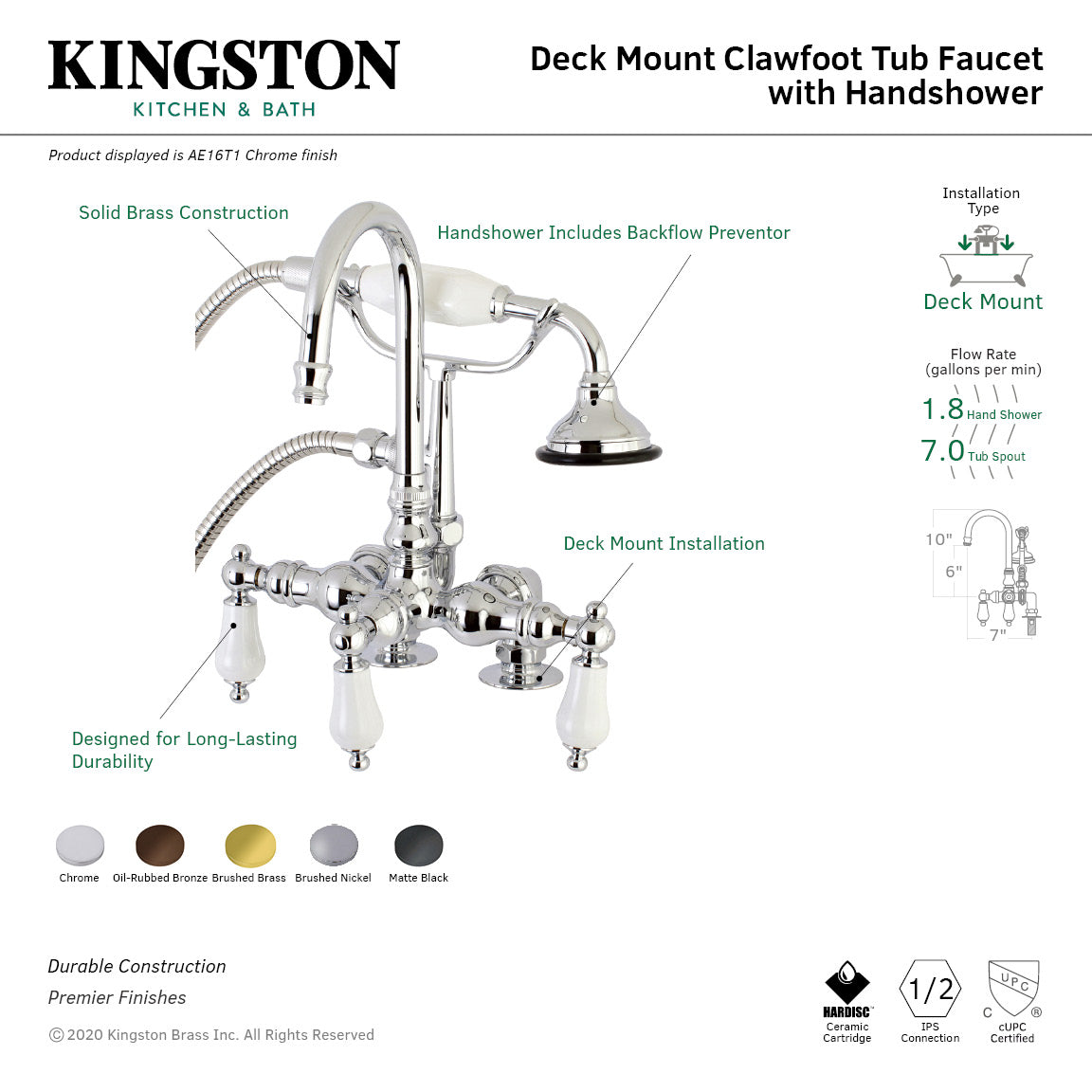 Aqua Vintage AE15T7 Three-Handle 2-Hole Deck Mount Clawfoot Tub Faucet with Hand Shower, Brushed Brass