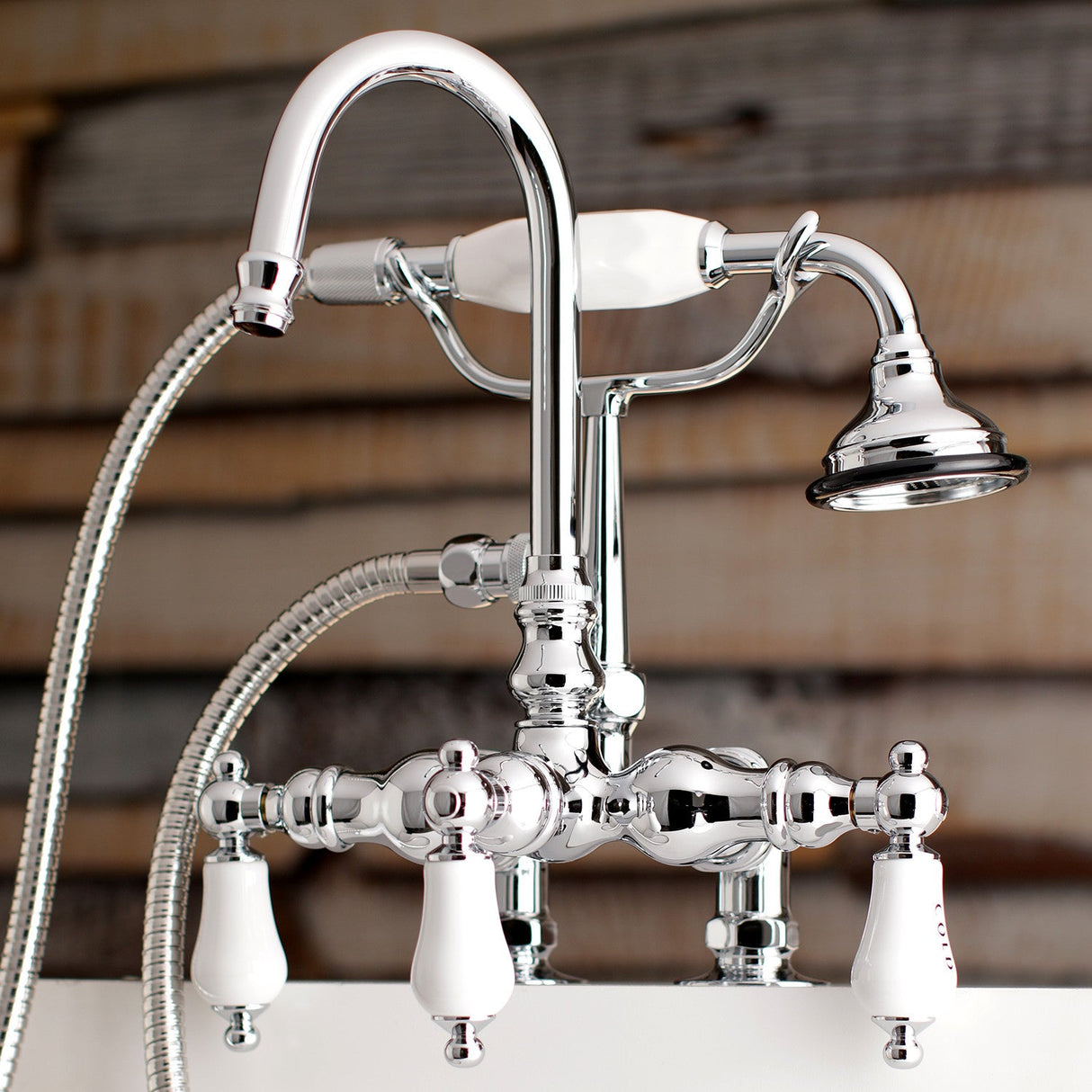 Aqua Vintage AE18T1 Three-Handle 2-Hole Deck Mount Clawfoot Tub Faucet with Hand Shower, Polished Chrome