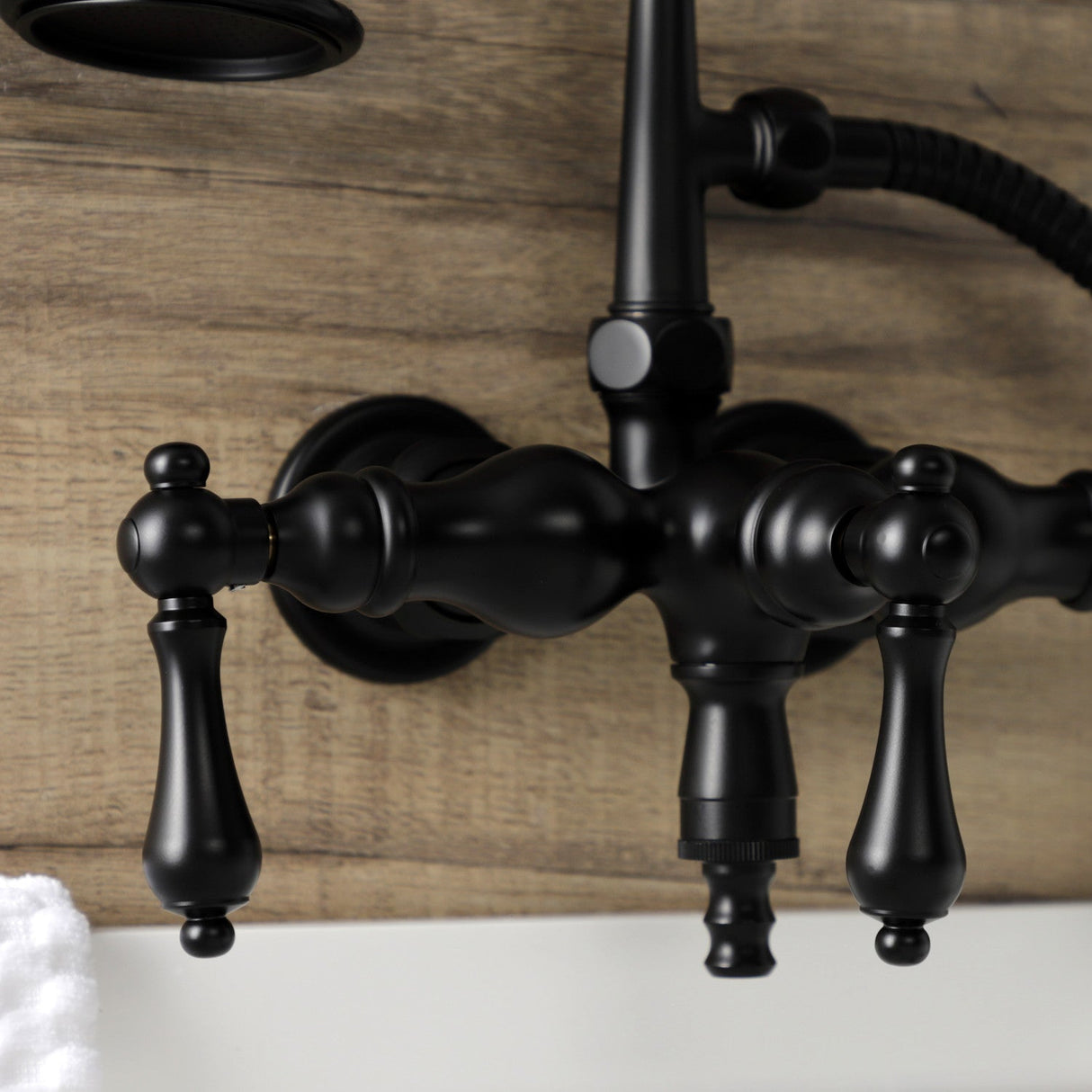 Aqua Vintage AE19T0 Three-Handle 2-Hole Tub Wall Mount Clawfoot Tub Faucet with Hand Shower, Matte Black