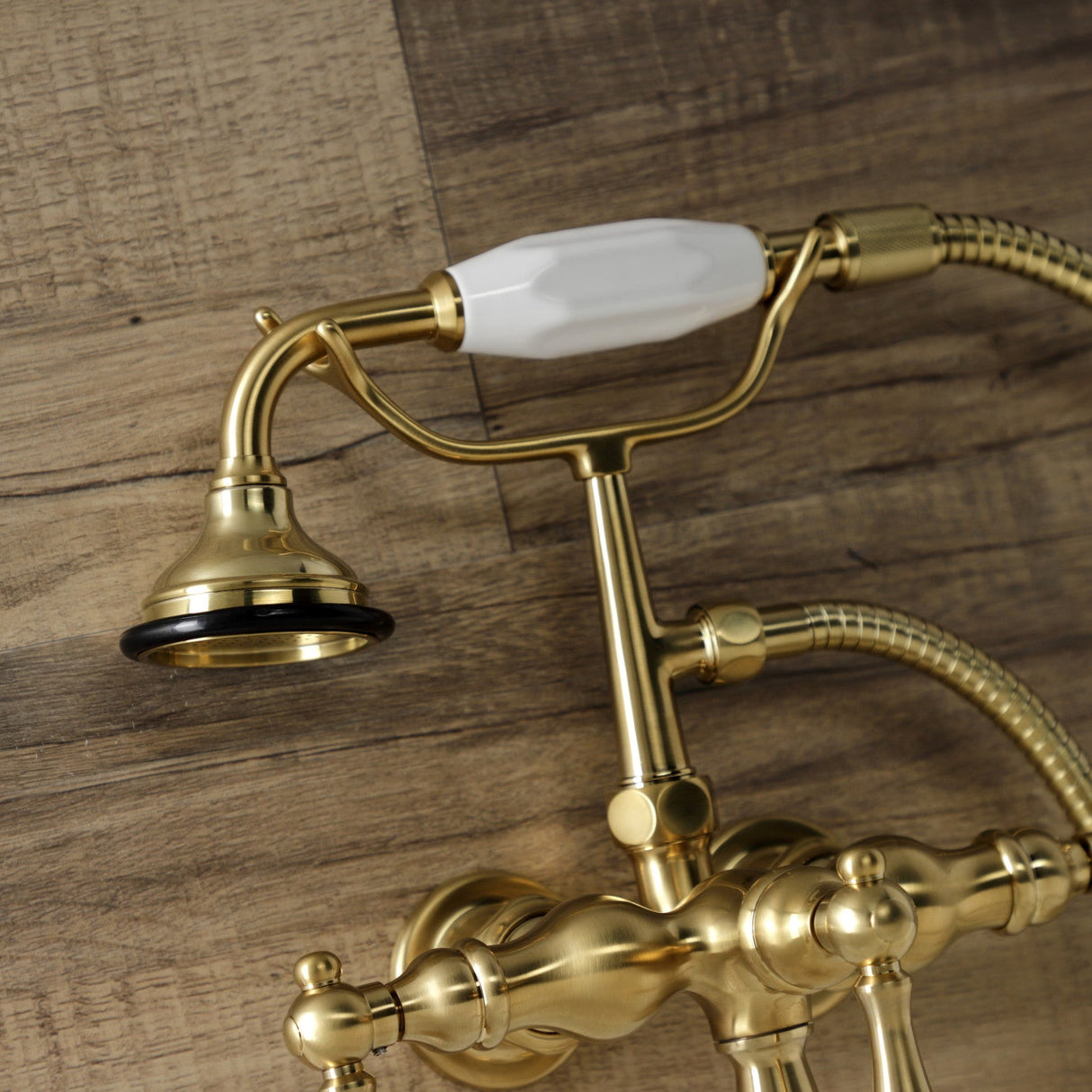 Aqua Vintage AE19T7 Three-Handle 2-Hole Tub Wall Mount Clawfoot Tub Faucet with Hand Shower, Brushed Brass