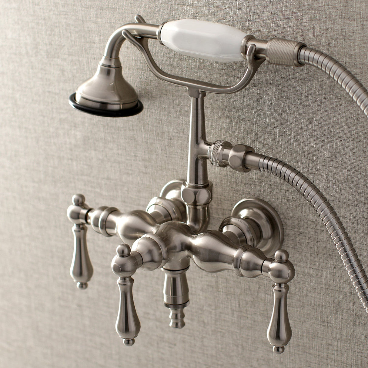 Aqua Vintage AE19T8 Three-Handle 2-Hole Tub Wall Mount Clawfoot Tub Faucet with Hand Shower, Brushed Nickel