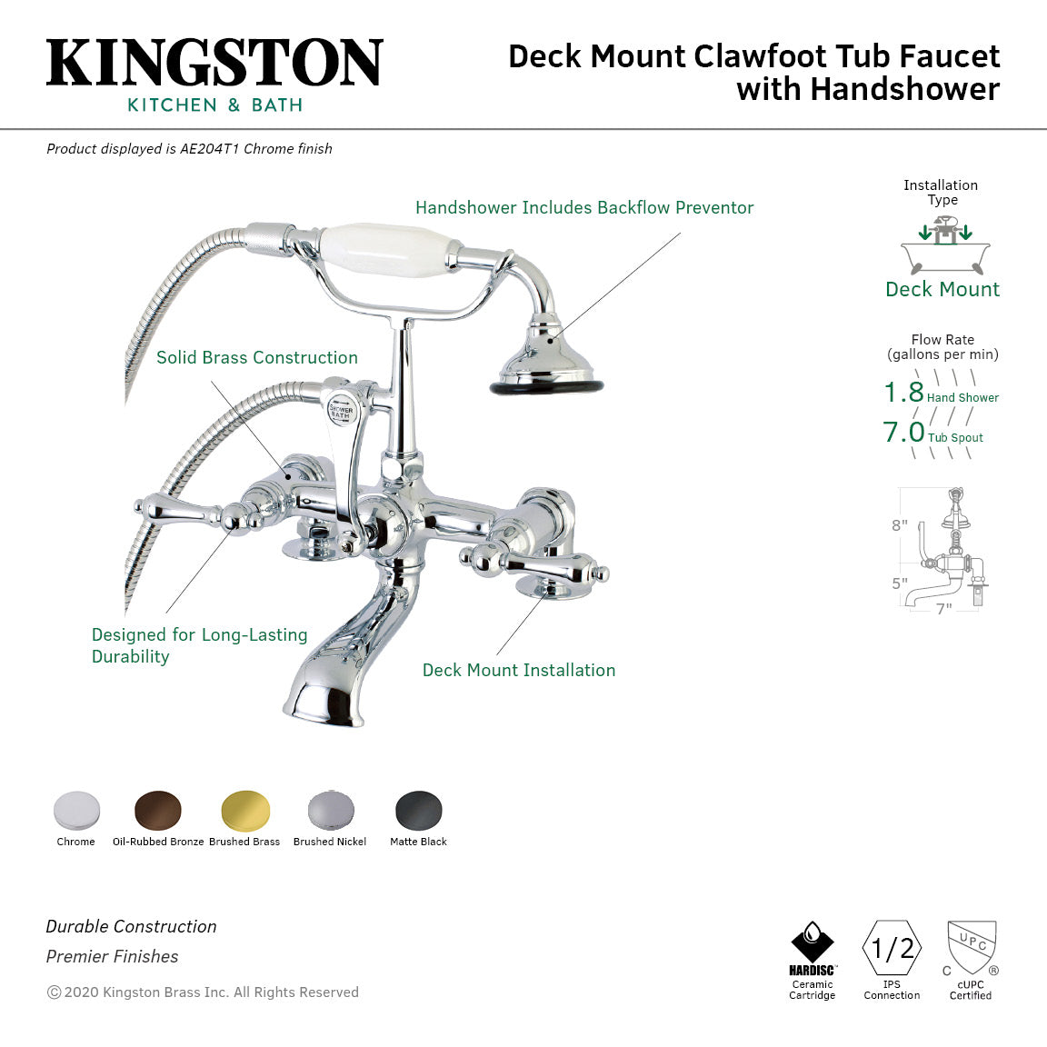Aqua Vintage AE203T5 Three-Handle 2-Hole Deck Mount Clawfoot Tub Faucet with Hand Shower, Oil Rubbed Bronze