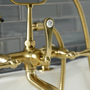Aqua Vintage AE203T7 Three-Handle 2-Hole Deck Mount Clawfoot Tub Faucet with Hand Shower, Brushed Brass