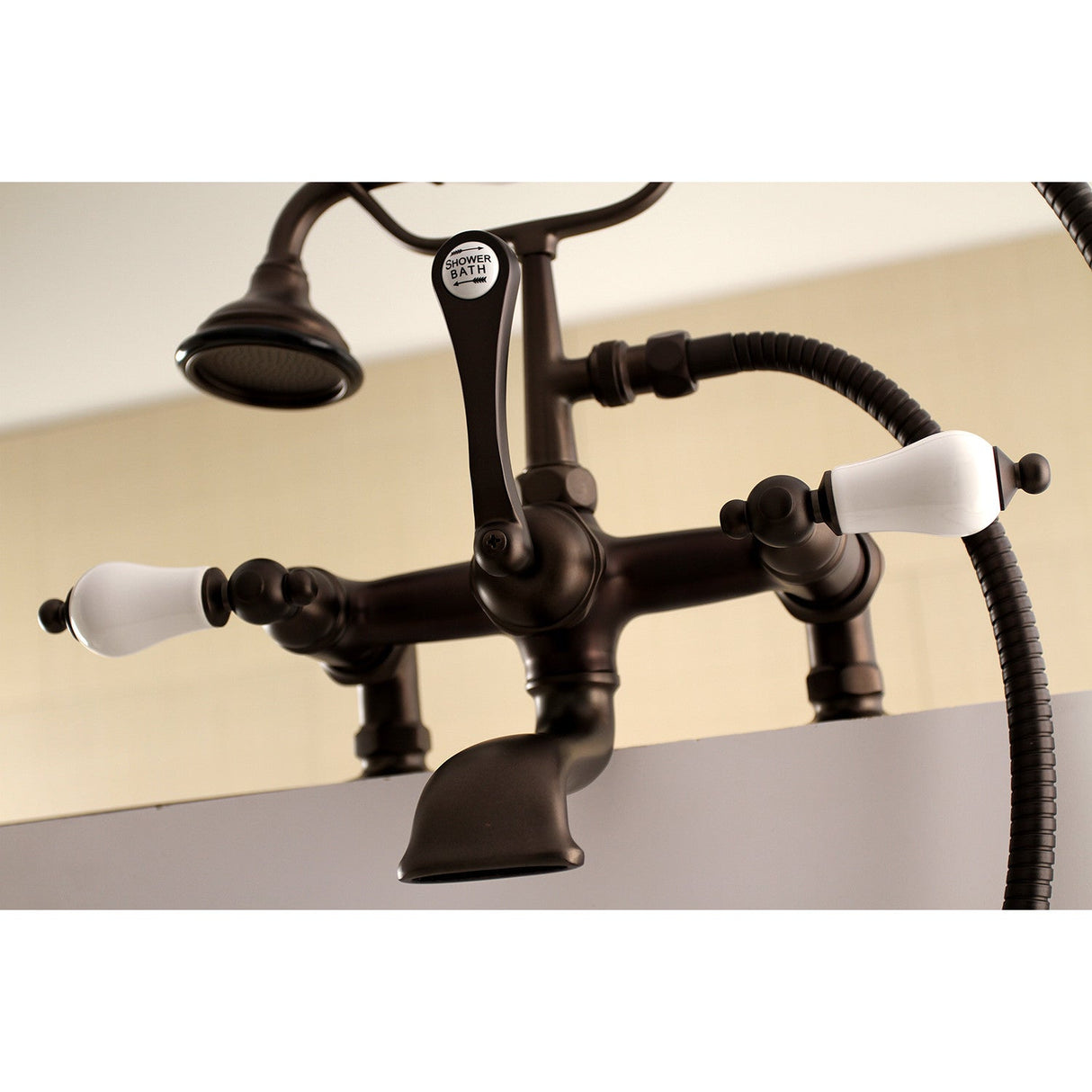 Aqua Vintage AE205T5 Three-Handle 2-Hole Deck Mount Clawfoot Tub Faucet with Hand Shower, Oil Rubbed Bronze