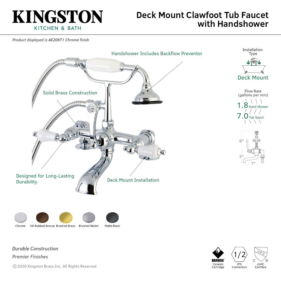 Aqua Vintage AE205T7 Three-Handle 2-Hole Deck Mount Clawfoot Tub Faucet with Hand Shower, Brushed Brass