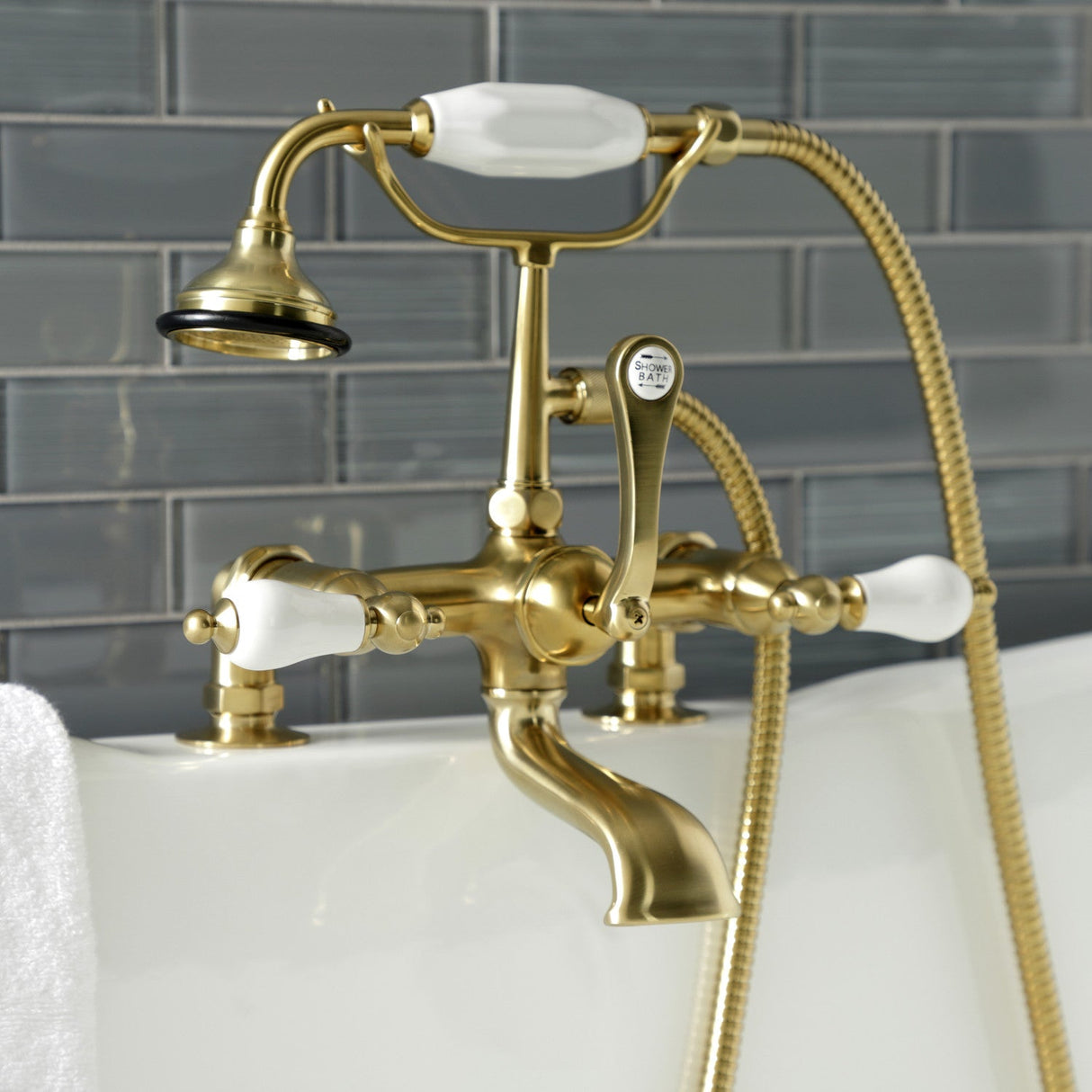 Aqua Vintage AE205T7 Three-Handle 2-Hole Deck Mount Clawfoot Tub Faucet with Hand Shower, Brushed Brass