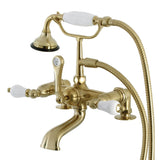 Aqua Vintage AE205T7 Three-Handle 2-Hole Deck Mount Clawfoot Tub Faucet with Hand Shower, Brushed Brass