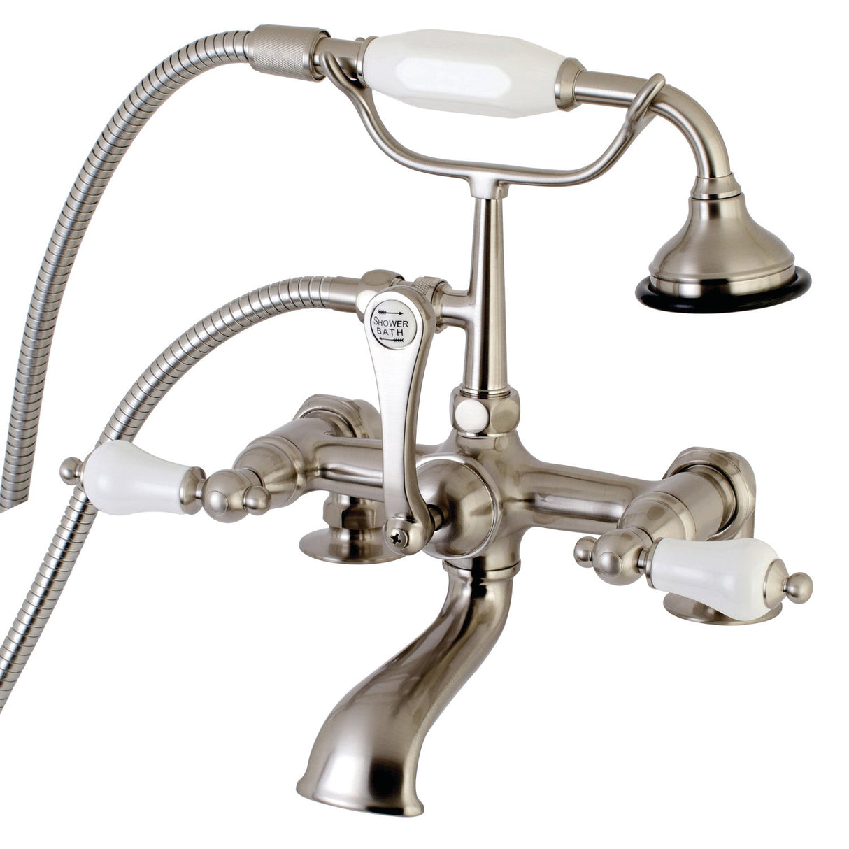 Aqua Vintage AE205T8 Three-Handle 2-Hole Deck Mount Clawfoot Tub Faucet with Hand Shower, Brushed Nickel