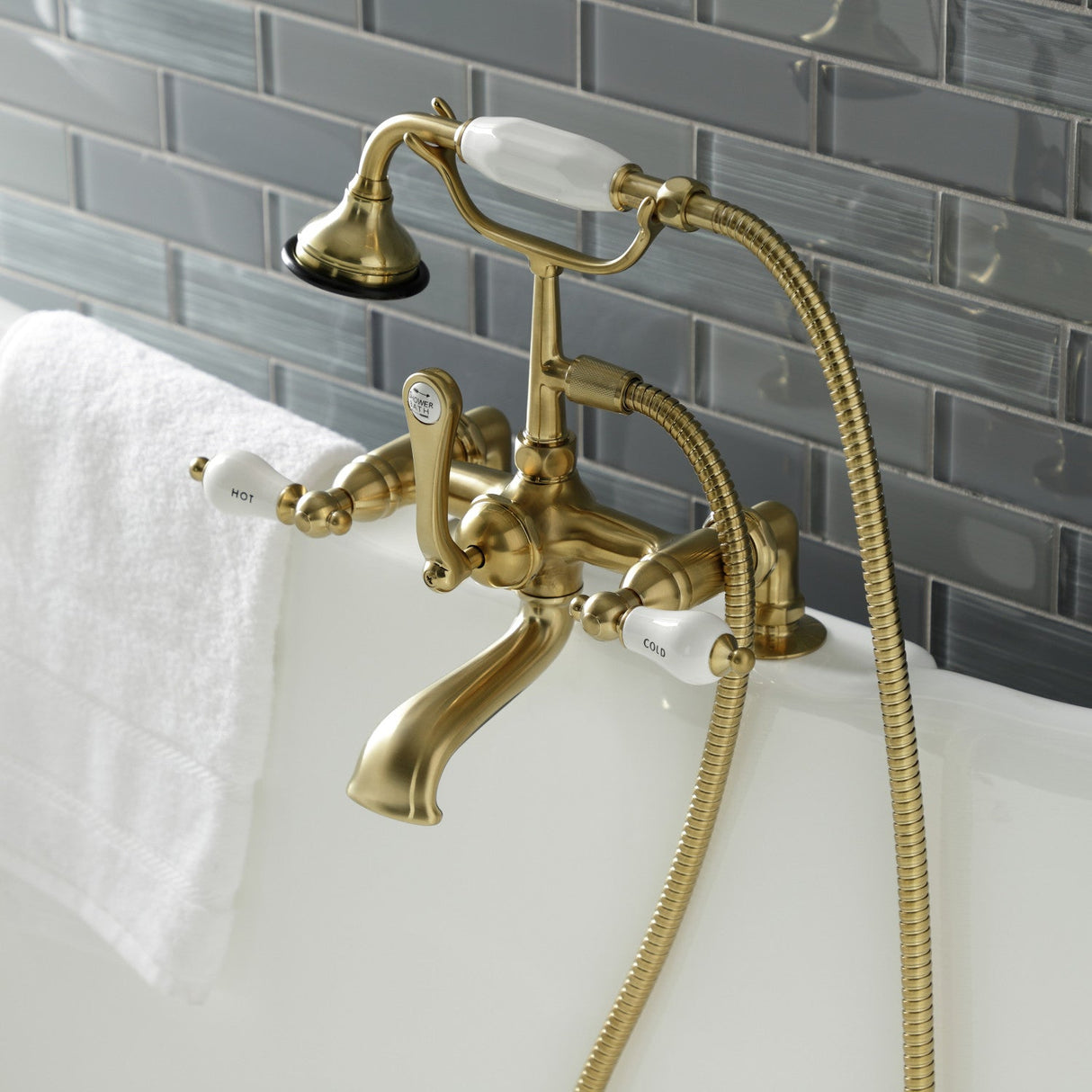 Aqua Vintage AE207T7 Three-Handle 2-Hole Deck Mount Clawfoot Tub Faucet with Hand Shower, Brushed Brass