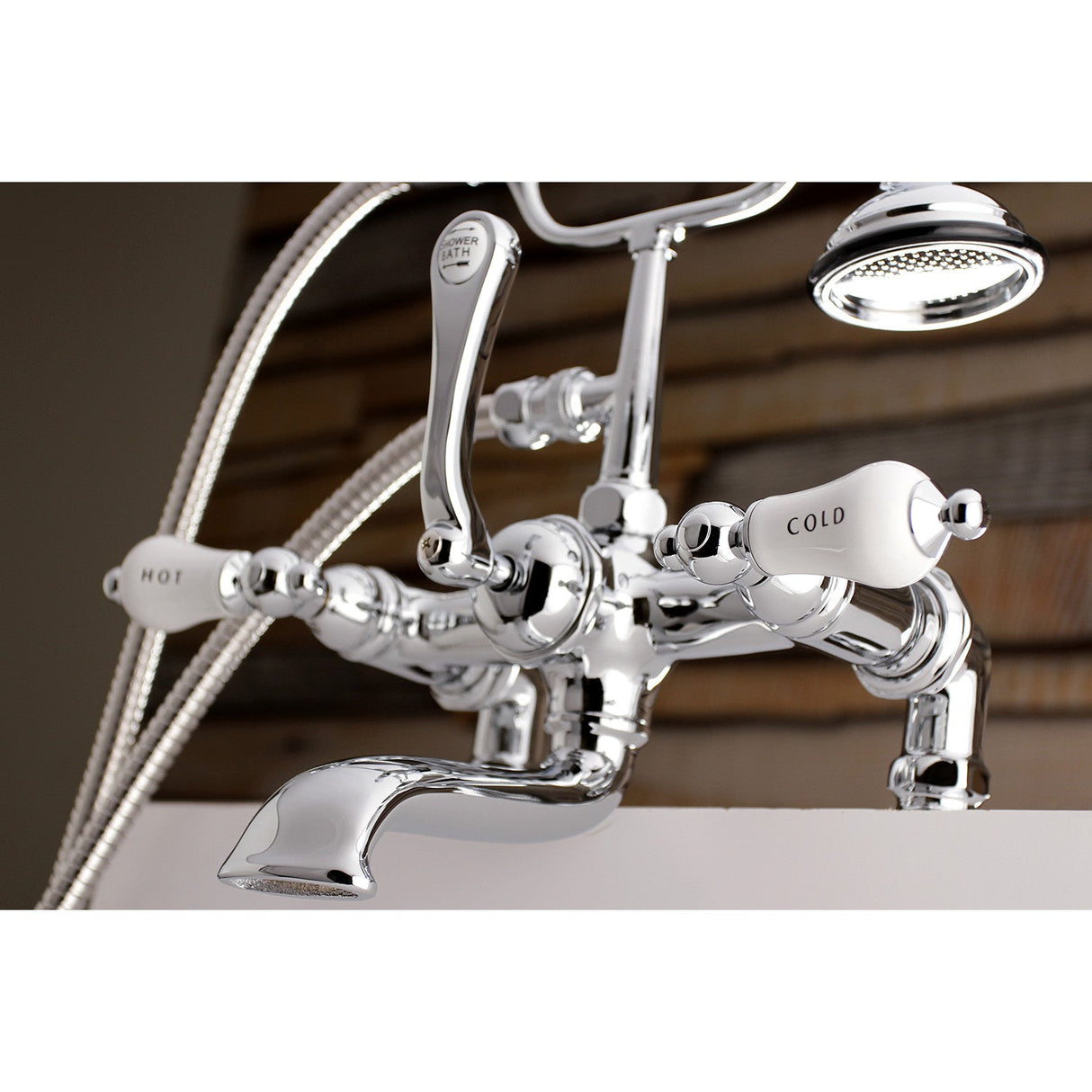 Aqua Vintage AE208T1 Three-Handle 2-Hole Deck Mount Clawfoot Tub Faucet with Hand Shower, Polished Chrome