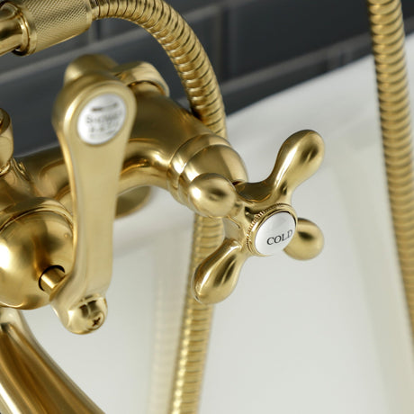 Aqua Vintage AE209T7 Three-Handle 2-Hole Deck Mount Clawfoot Tub Faucet with Hand Shower, Brushed Brass