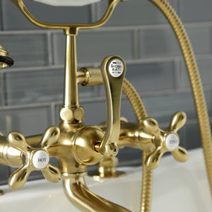 Aqua Vintage AE209T7 Three-Handle 2-Hole Deck Mount Clawfoot Tub Faucet with Hand Shower, Brushed Brass