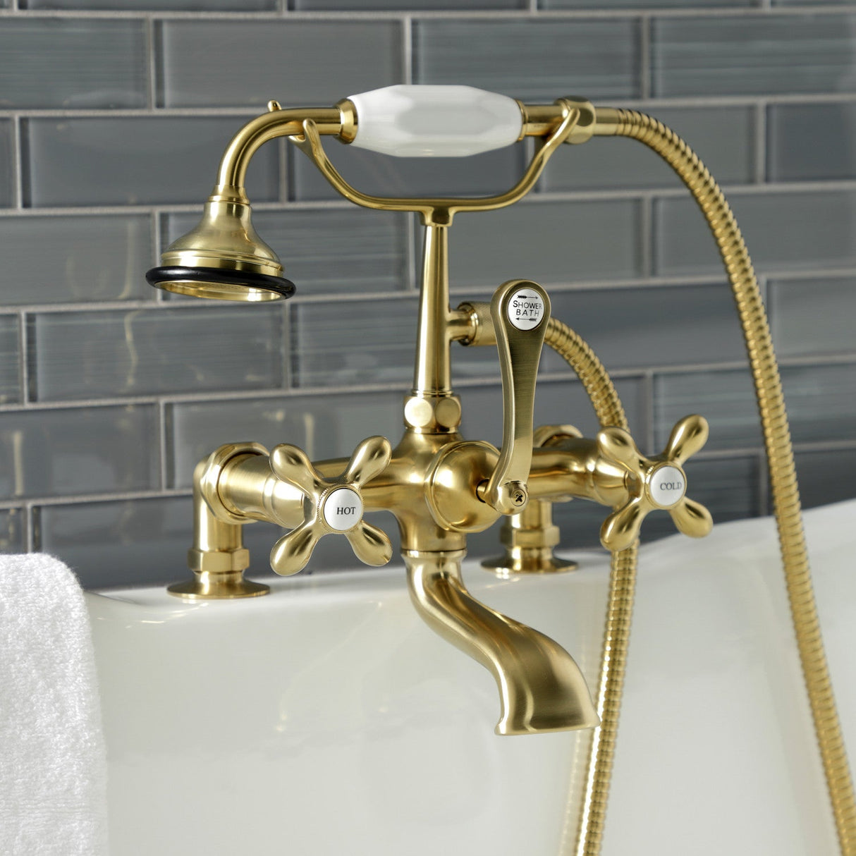Aqua Vintage AE209T7 Three-Handle 2-Hole Deck Mount Clawfoot Tub Faucet with Hand Shower, Brushed Brass
