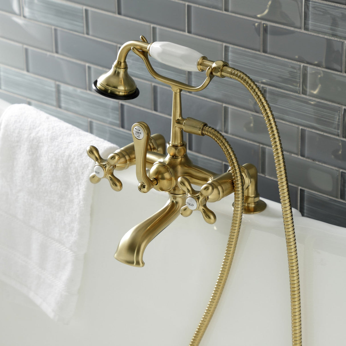 Aqua Vintage AE209T7 Three-Handle 2-Hole Deck Mount Clawfoot Tub Faucet with Hand Shower, Brushed Brass