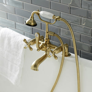 Aqua Vintage AE209T7 Three-Handle 2-Hole Deck Mount Clawfoot Tub Faucet with Hand Shower, Brushed Brass