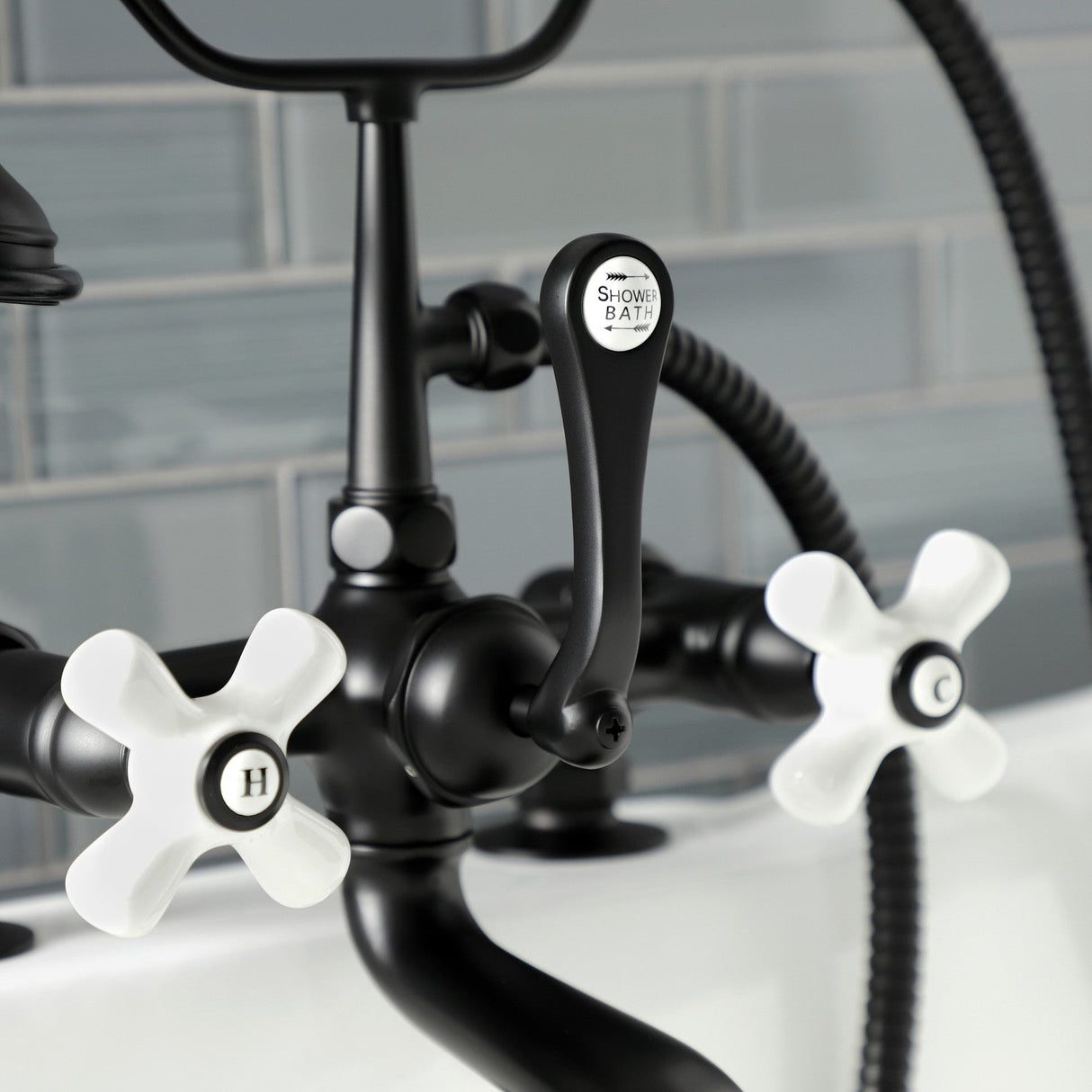 Aqua Vintage AE211T0 Three-Handle 2-Hole Deck Mount Clawfoot Tub Faucet with Hand Shower, Matte Black