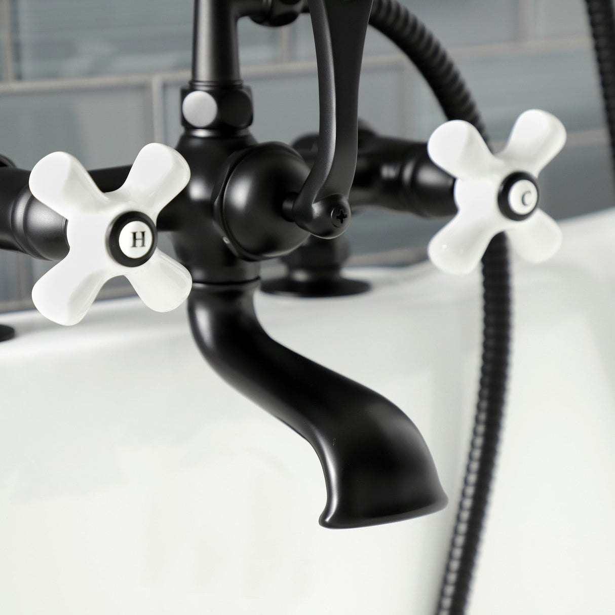 Aqua Vintage AE211T0 Three-Handle 2-Hole Deck Mount Clawfoot Tub Faucet with Hand Shower, Matte Black