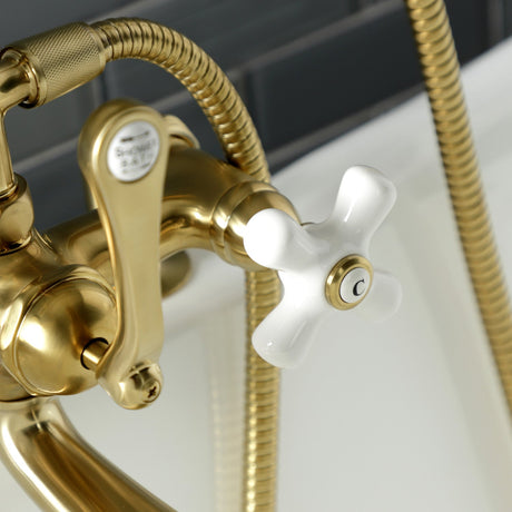 Aqua Vintage AE211T7 Three-Handle 2-Hole Deck Mount Clawfoot Tub Faucet with Hand Shower, Brushed Brass