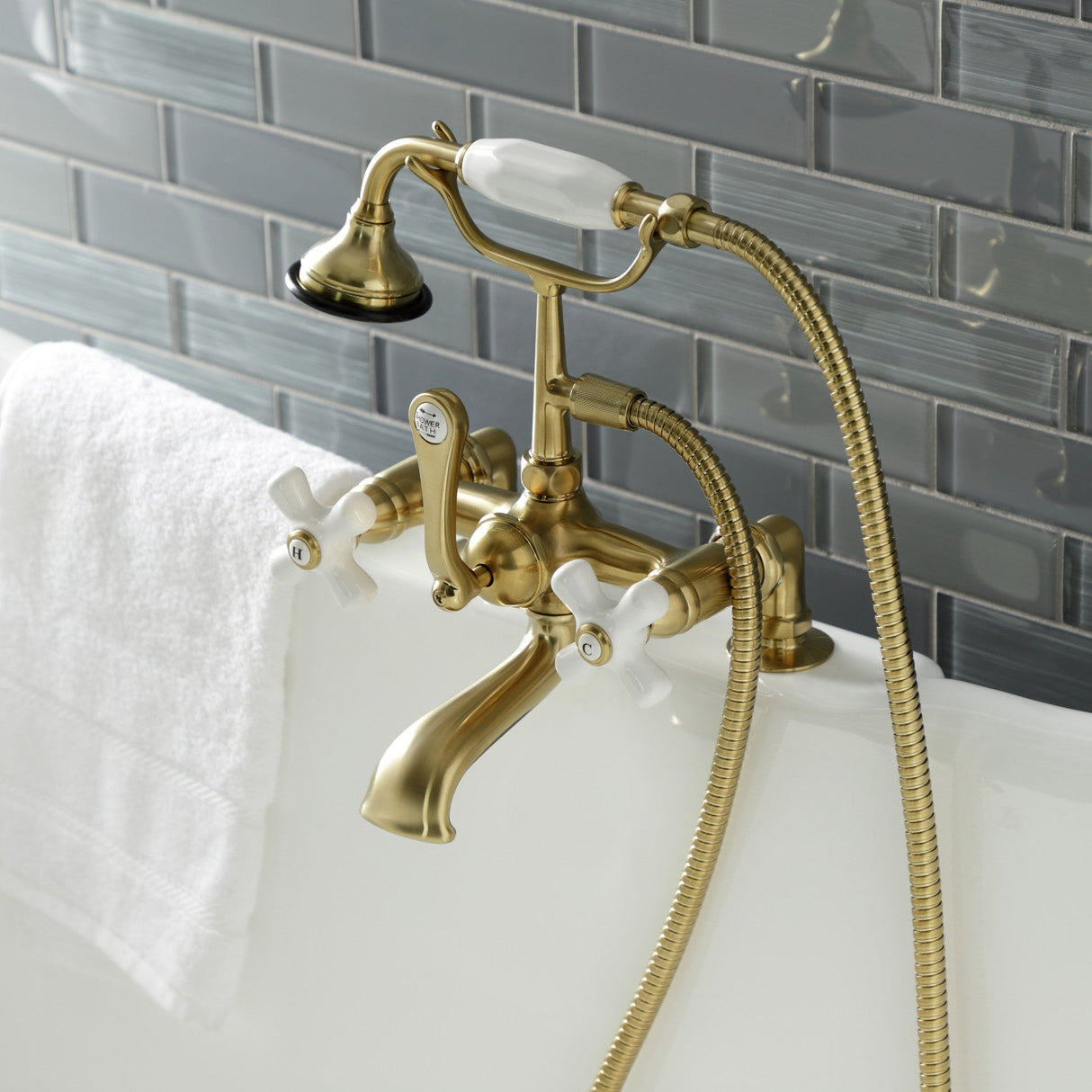 Aqua Vintage AE211T7 Three-Handle 2-Hole Deck Mount Clawfoot Tub Faucet with Hand Shower, Brushed Brass