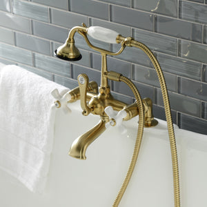 Aqua Vintage AE211T7 Three-Handle 2-Hole Deck Mount Clawfoot Tub Faucet with Hand Shower, Brushed Brass