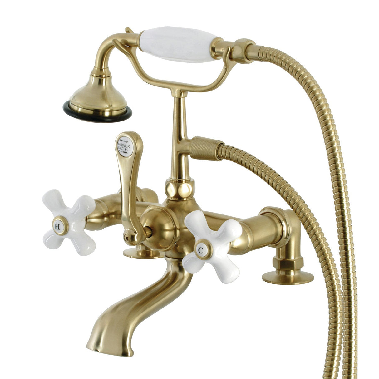 Aqua Vintage AE211T7 Three-Handle 2-Hole Deck Mount Clawfoot Tub Faucet with Hand Shower, Brushed Brass