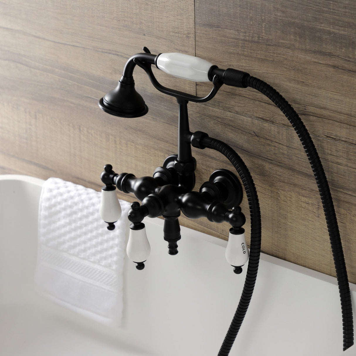 Aqua Vintage AE21T0 Three-Handle 2-Hole Tub Wall Mount Clawfoot Tub Faucet with Hand Shower, Matte Black