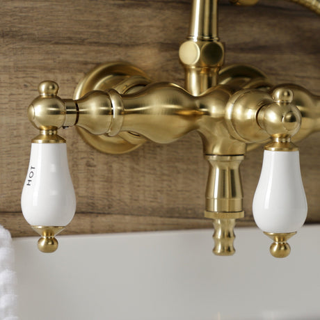Aqua Vintage AE21T7 Three-Handle 2-Hole Tub Wall Mount Clawfoot Tub Faucet with Hand Shower, Brushed Brass