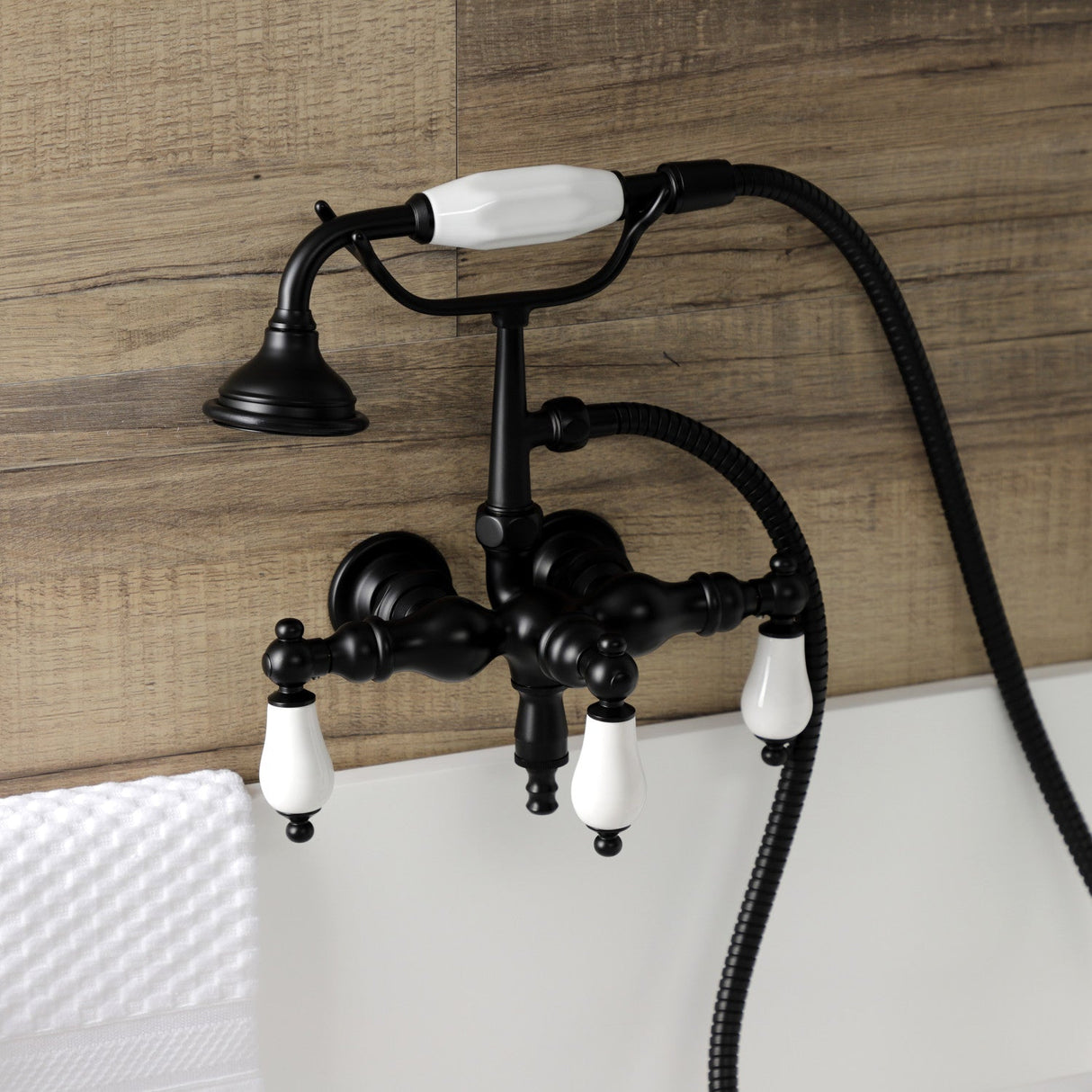 Aqua Vintage AE23T0 Three-Handle 2-Hole Tub Wall Mount Clawfoot Tub Faucet with Hand Shower, Matte Black