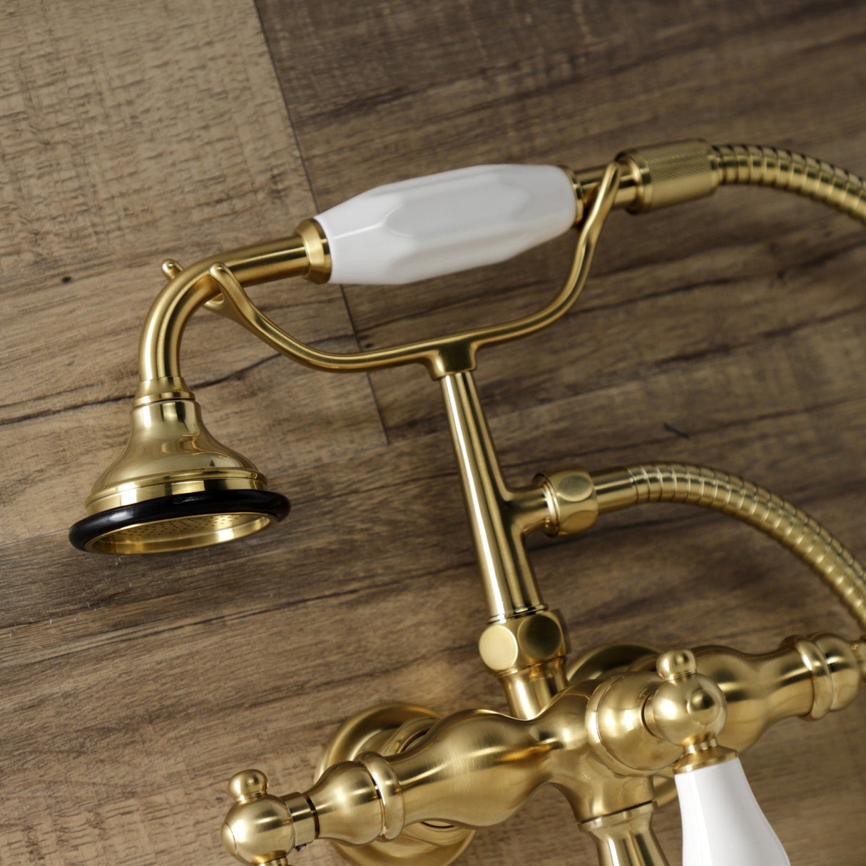 Aqua Vintage AE23T7 Three-Handle 2-Hole Tub Wall Mount Clawfoot Tub Faucet with Hand Shower, Brushed Brass