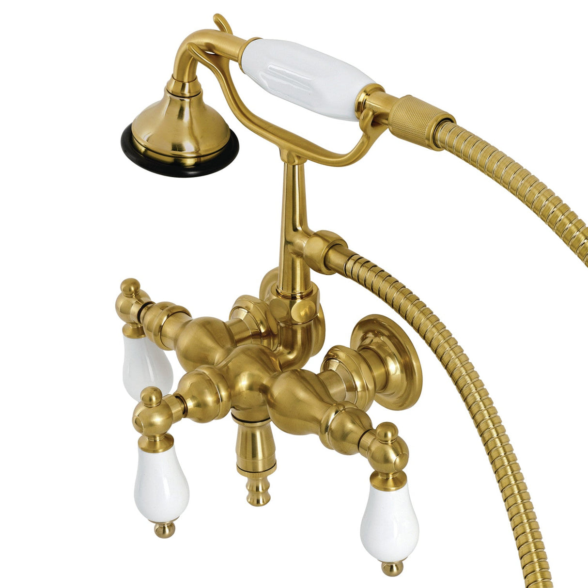 Aqua Vintage AE23T7 Three-Handle 2-Hole Tub Wall Mount Clawfoot Tub Faucet with Hand Shower, Brushed Brass