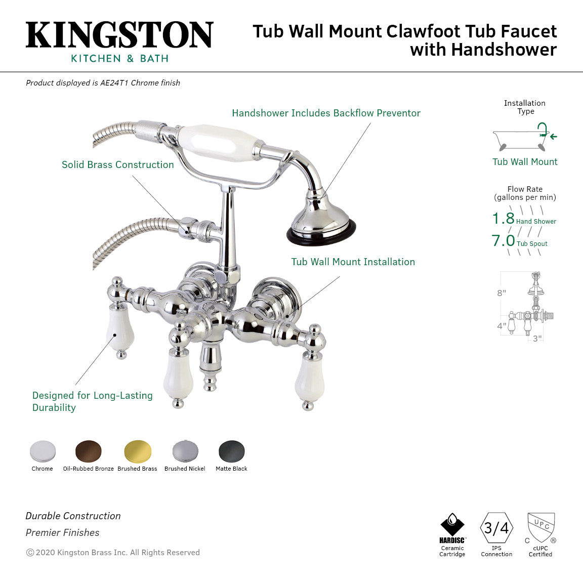 Aqua Vintage AE23T8 Three-Handle 2-Hole Tub Wall Mount Clawfoot Tub Faucet with Hand Shower, Brushed Nickel